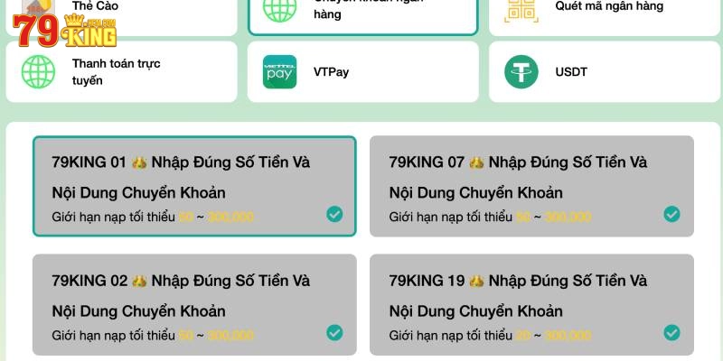 Các phương thức nạp tiền tại 79KING
